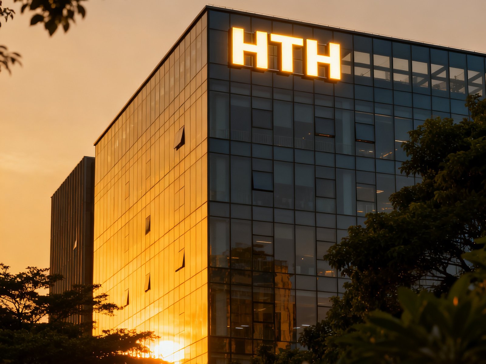 华体会HTH深圳总部大楼外观，现代玻璃幕墙建筑在夕阳下反射温暖的金色光芒，楼顶设有HTH徽标发光字牌，周边绿树环绕