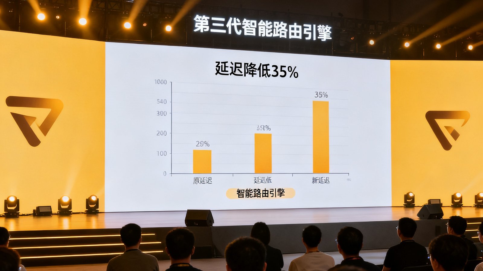 第三代智能路由引擎发布会的现场照片，大屏幕上显示着延迟降低35%的数据对比图表