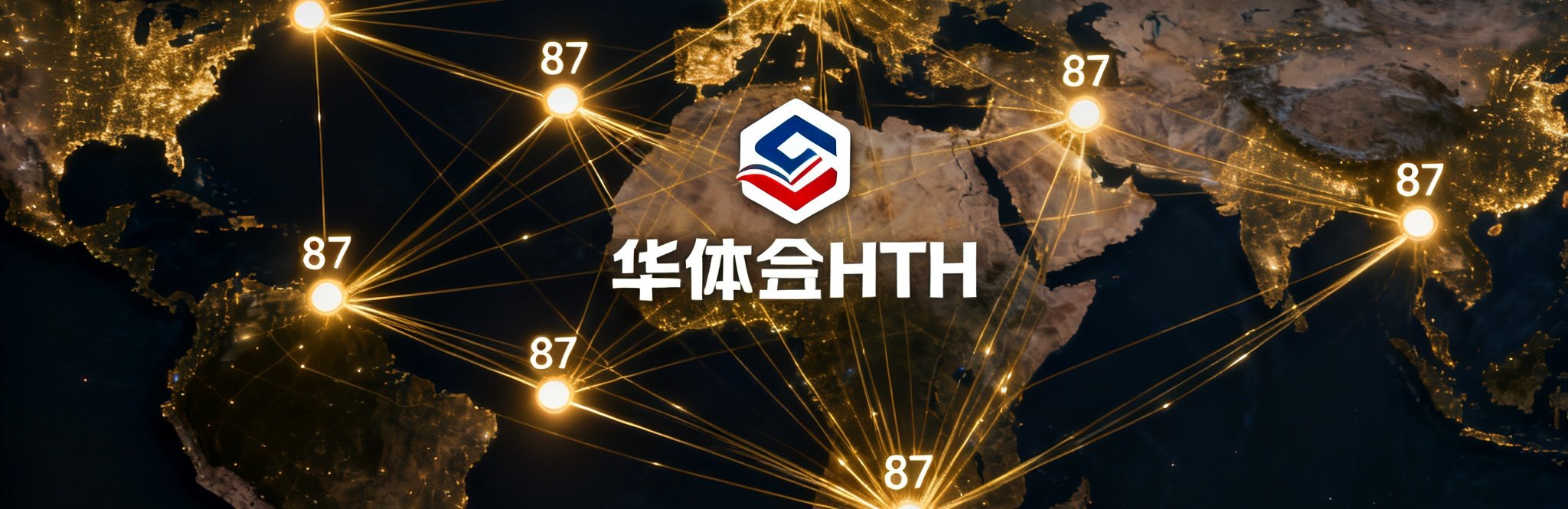 全球地图上分布着87个发光的数据节点，由金色光纤线条连接成网状拓扑结构，中心位置标注华体会HTH徽标，整体呈现深邃科技感
