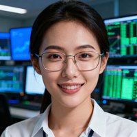 一位年轻女性数据分析师的头像，戴眼镜，背景是充满屏幕和数据的控制室，表情专注而自信